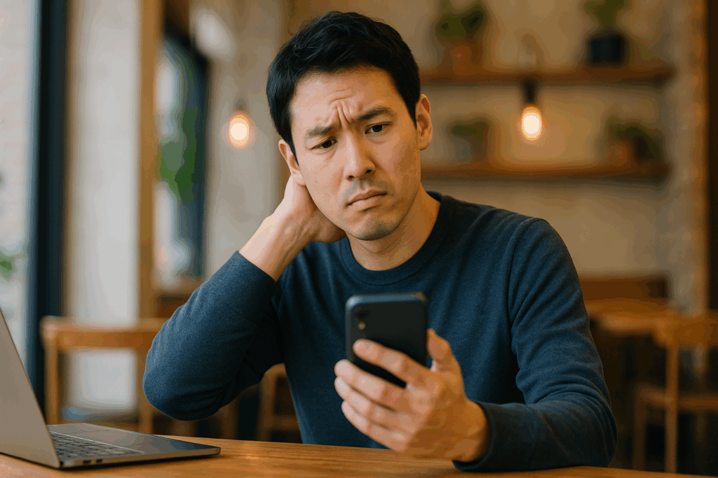 スマホをみながら頭をかかえている男性