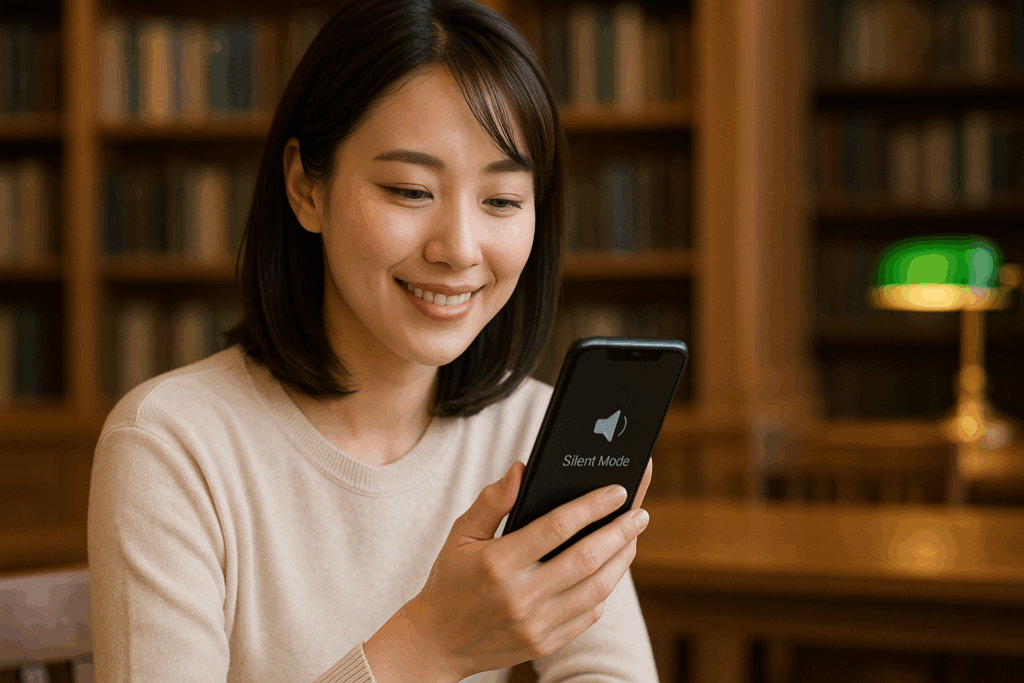 スマホの通知音を確認して微笑む女性