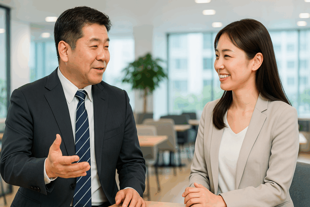 上司と話している女性