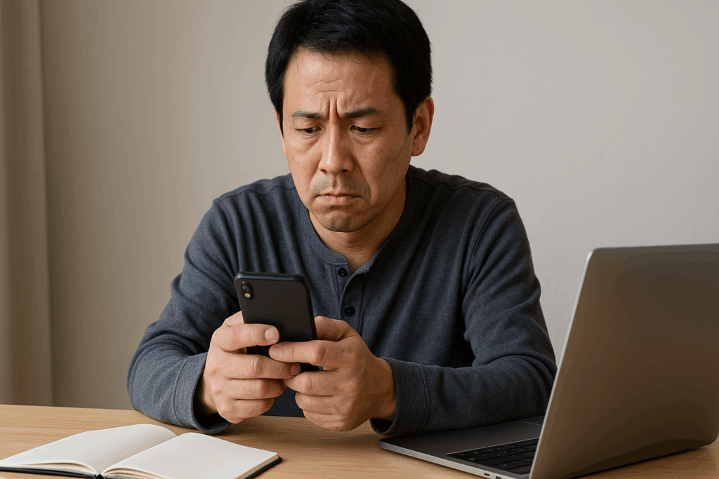 スマホの設定に悩んでいる男性
