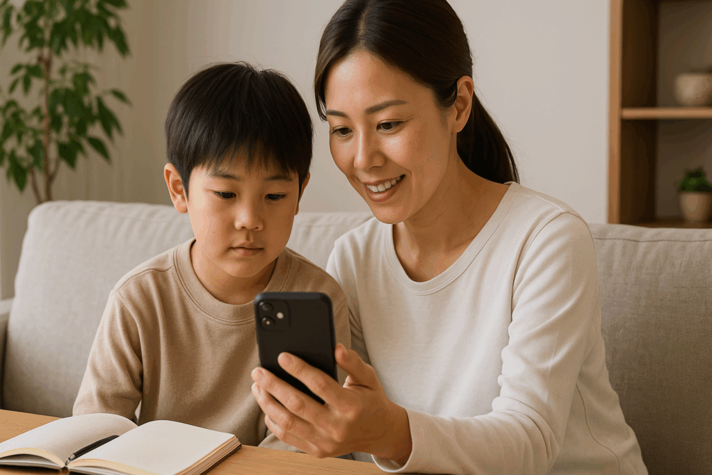 子供にスマホを見せながら説明している母親