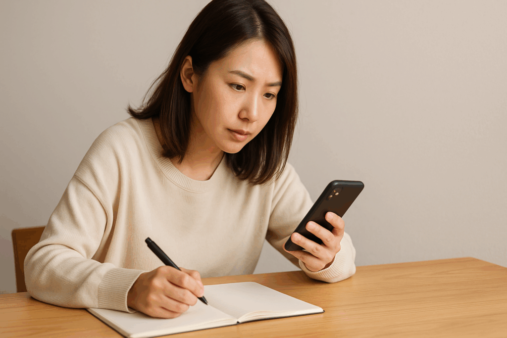 スマホをみながらメモしている女性