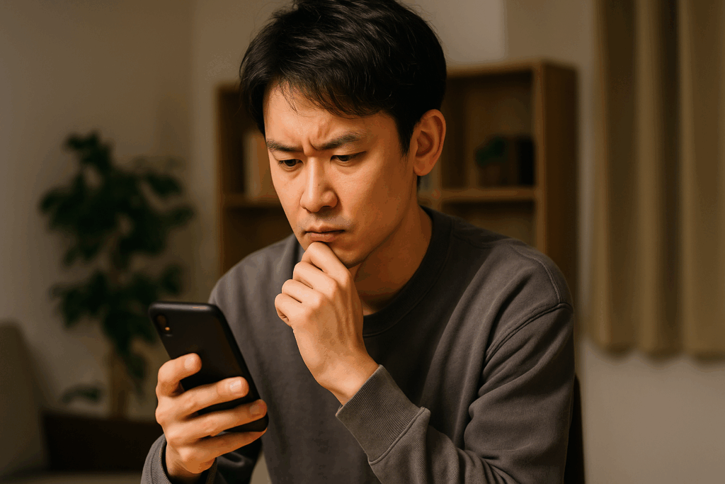 スマホをみて悩んでる男性