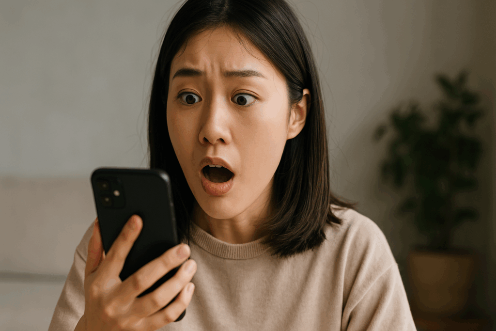 スマホをみて驚いている女性