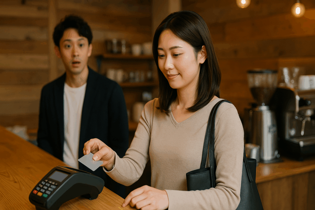 女性が精算をしているのを驚く男性