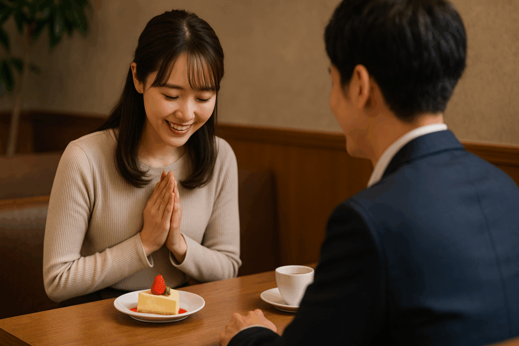 カフェで喜んでいる女性