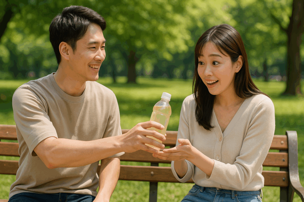 公園で飲み物をもらっている女性