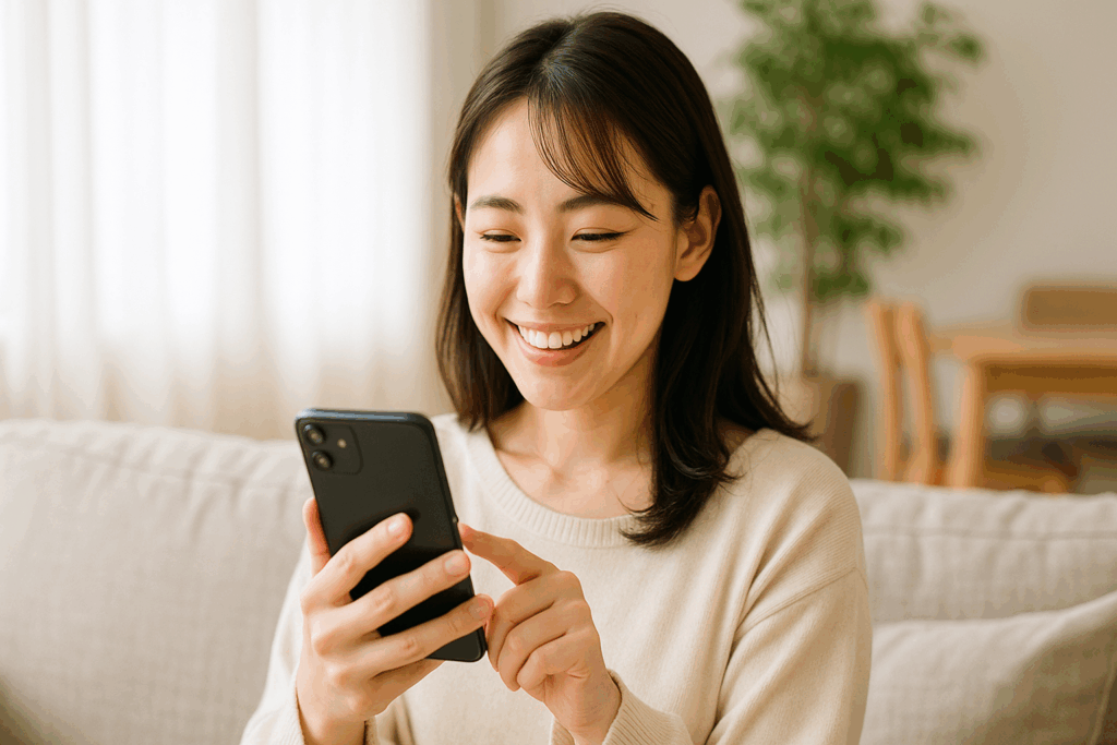 にこやかにスマホを操作している女性