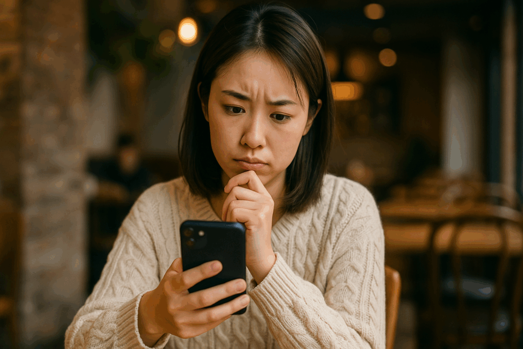 困った表情でスマホをみている女性