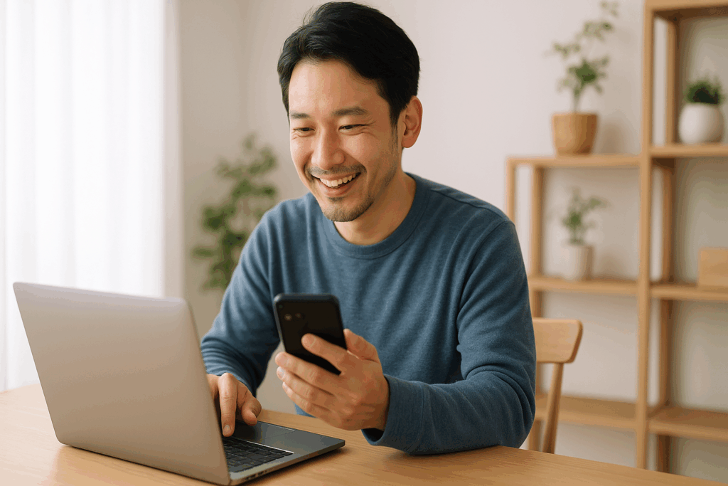 パソコンとスマホを操作している男性