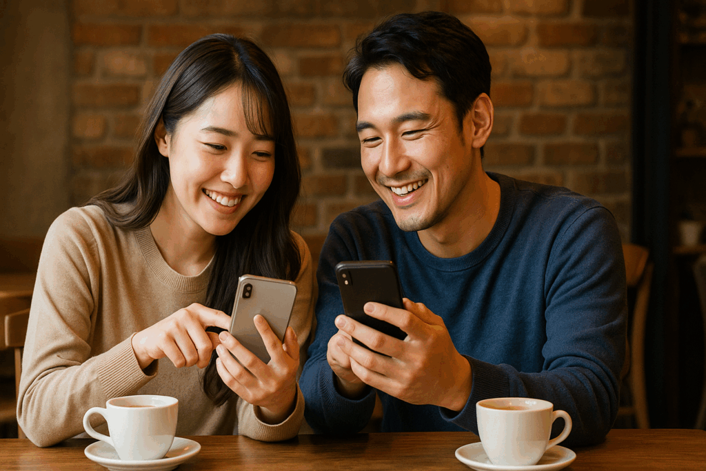 男女でスマホをみている