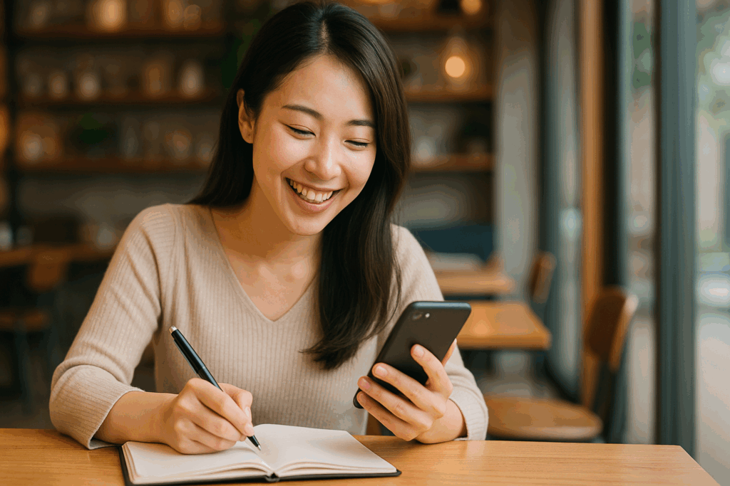 メモしながらスマホをみている女性